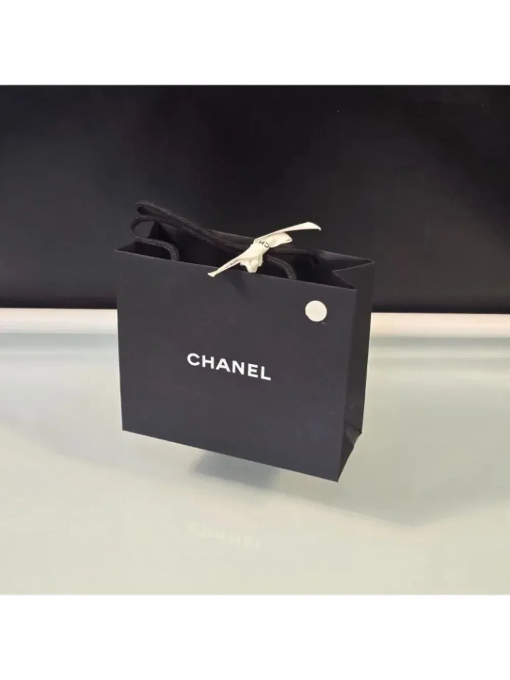 CHANEL Classic Black Paper Gift Shopping Bag Rope Handles Ribbon 8.5